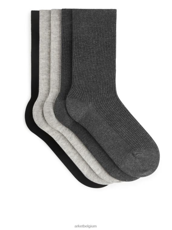 ARKET kleding 0DXJP570 lichtgrijs/donkergrijs/zwart katoenen ribsokken set van 5 Heren