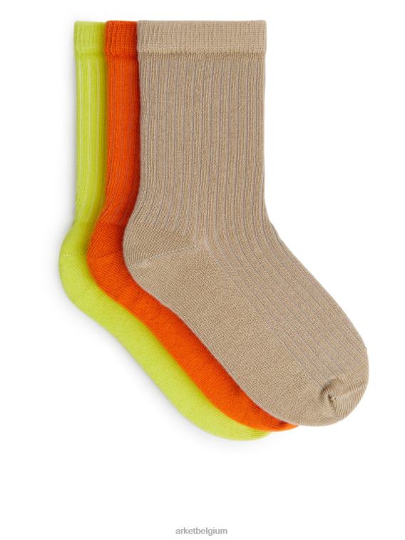 ARKET kleding 0DXJP1596 beige/oranje/geel ribgebreide sokken, 3 paar kinderen