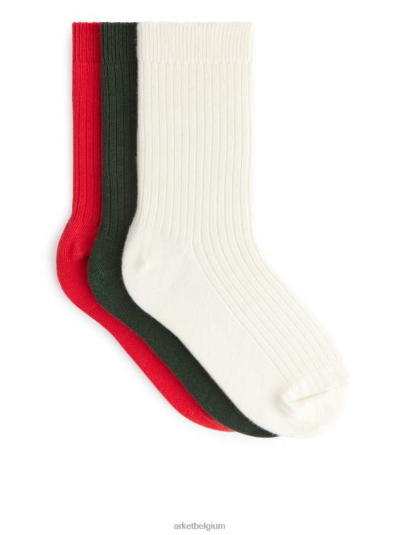 ARKET kleding 0DXJP1598 gebroken wit/rood/groen ribgebreide sokken, 3 paar kinderen