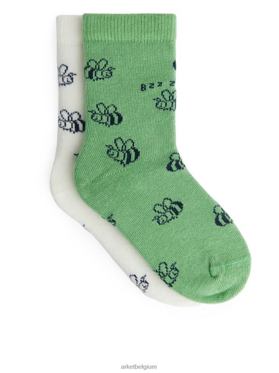 ARKET kleding 0DXJP1602 groen/wit/hommel jacquardsokken, 2 paar kinderen