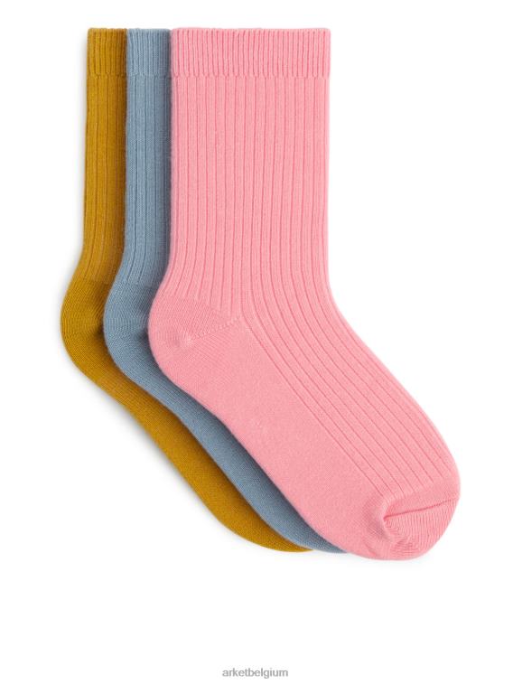 ARKET kleding 0DXJP1609 roze/mosterd/blauw ribgebreide sokken, 3 paar kinderen