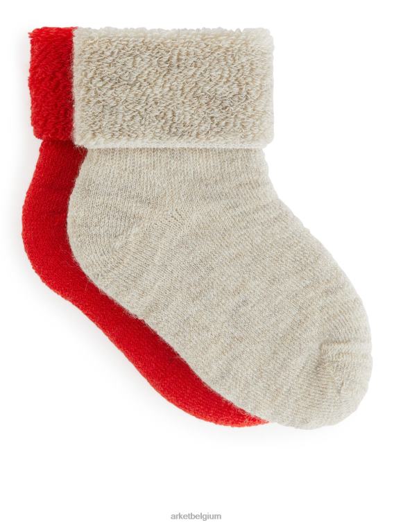 ARKET kleding 0DXJP1789 rood/beige babysokjes van wollen badstof, 2 paar kinderen