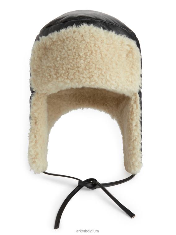 ARKET accessoires 0DXJP893 zwart/gebroken wit leren pelshoed vrouwen