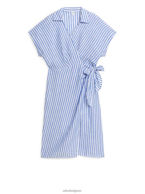 ARKET kleding 0DXJP117 blauw Wit midi linnen wikkeljurk vrouwen